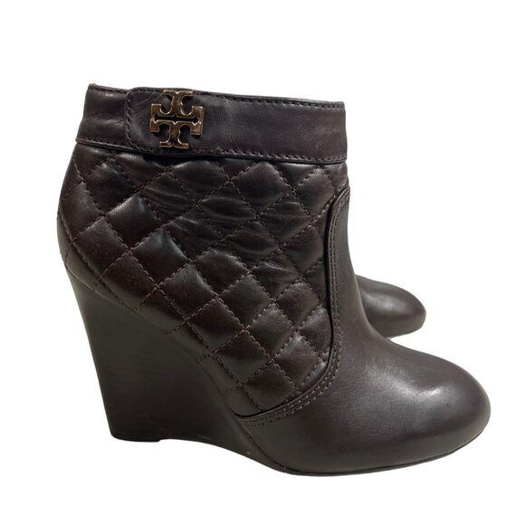 Tory Burch Leila Brown Quilted Leather Stacked Wedge Heel Bootie Sz 6.5M - Picture 3 of 10